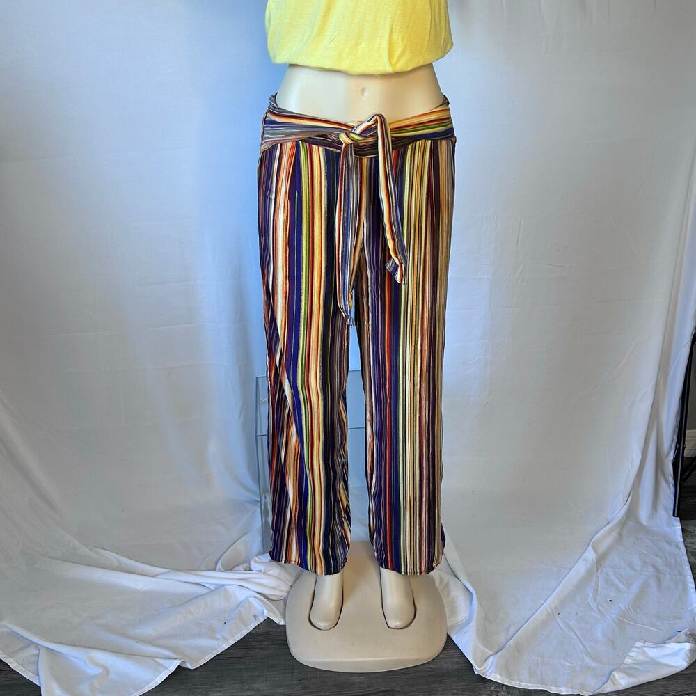 Mlle Gabrielle Multicolor Striped Wide Leg Pants Tie Waist Boho L